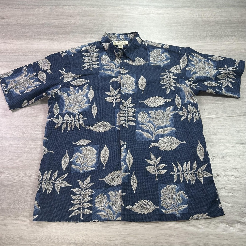 Tori Richard Shirt Mens Large Blue White Floral Hawaiian Cotton Button Up USA